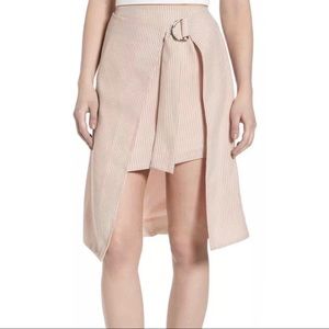 J.O.A. Pinstripe Asymmetrical Layered Wrap Skirt Pink Peach Buckle D Ring Belt